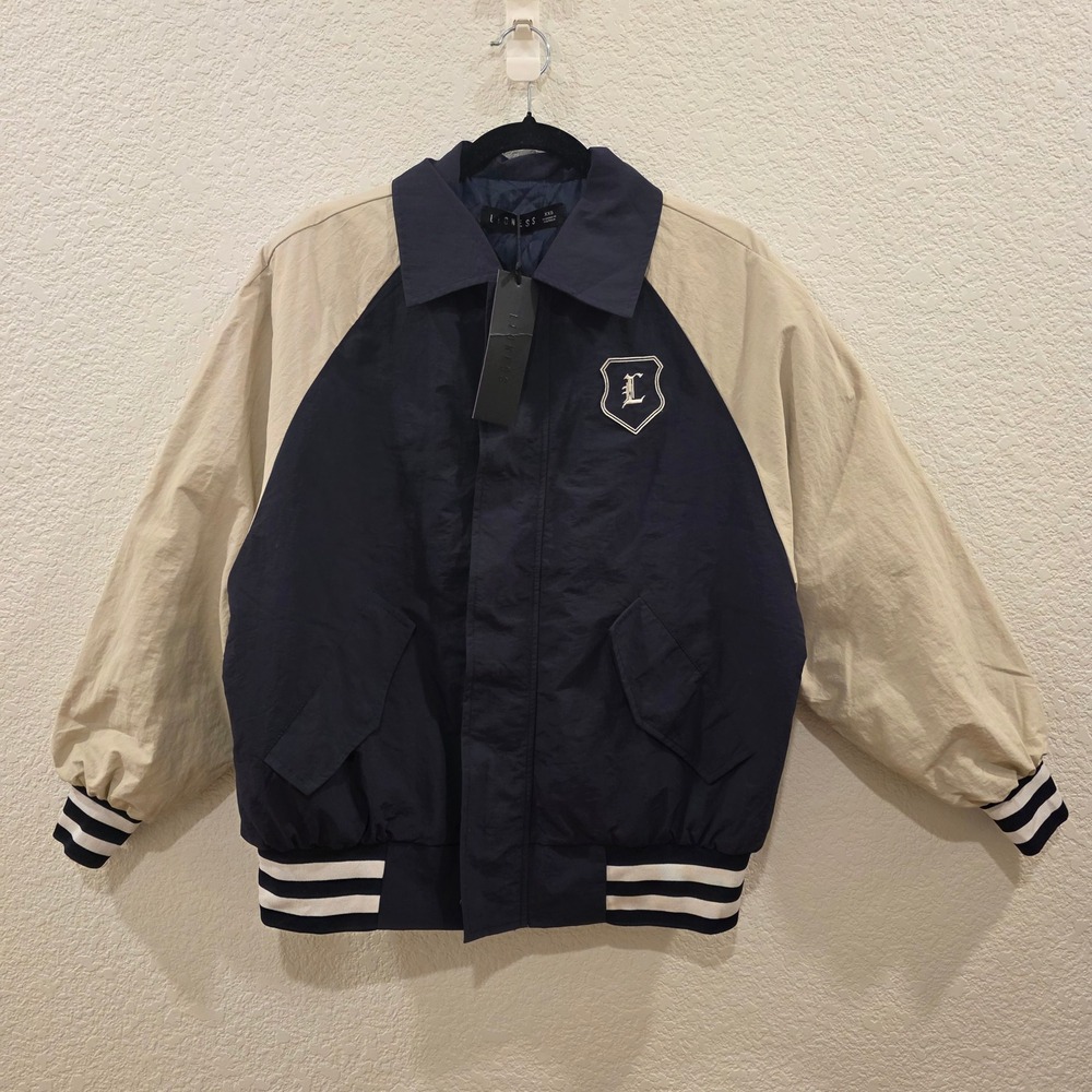 Lioness Hailey Bomber Jacket Navy Cream Varsity Windbreaker XXS Varsity Preppy